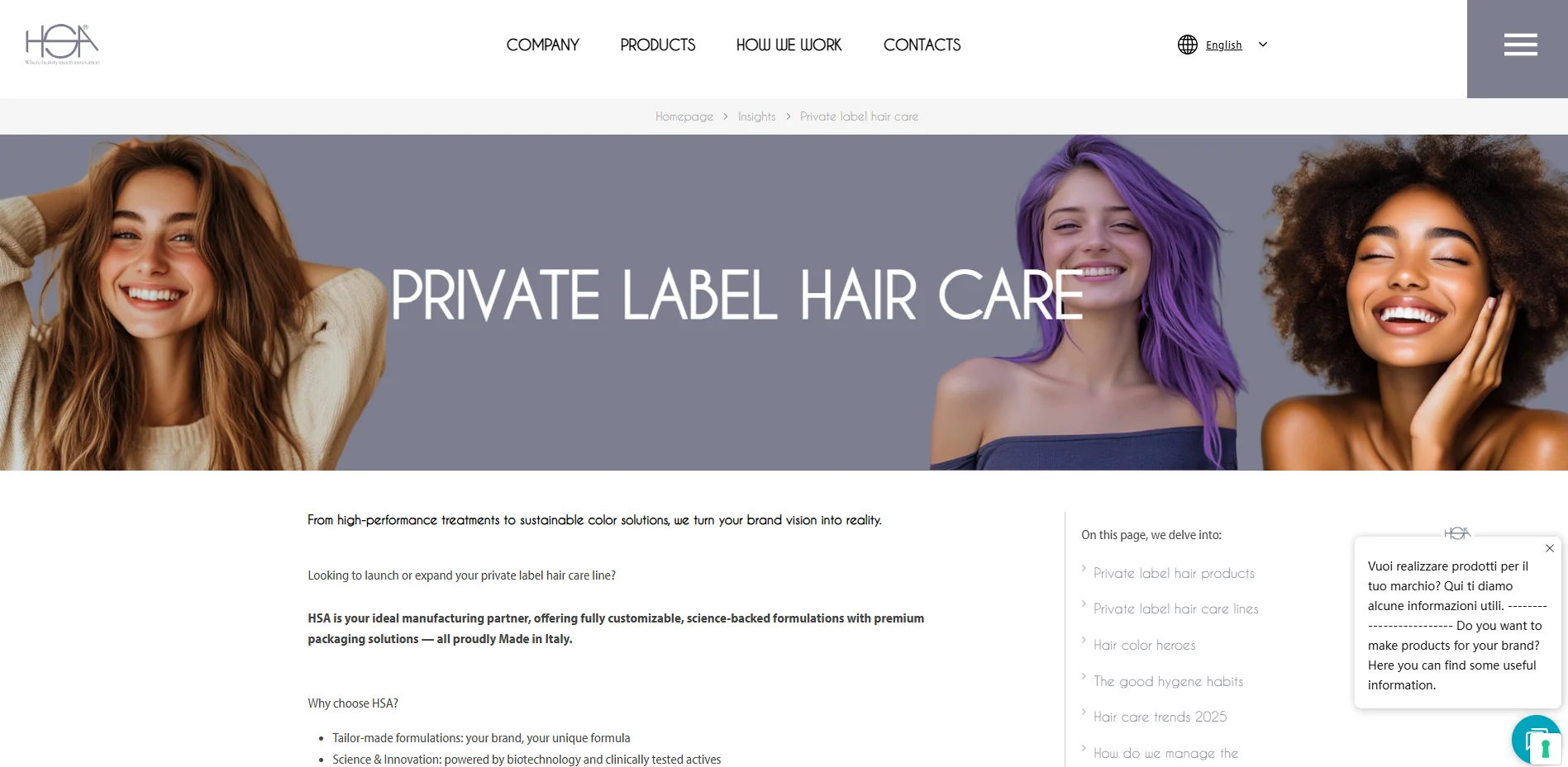 Homepage showcasing private label hair care with diverse hair styles and color solutions.
